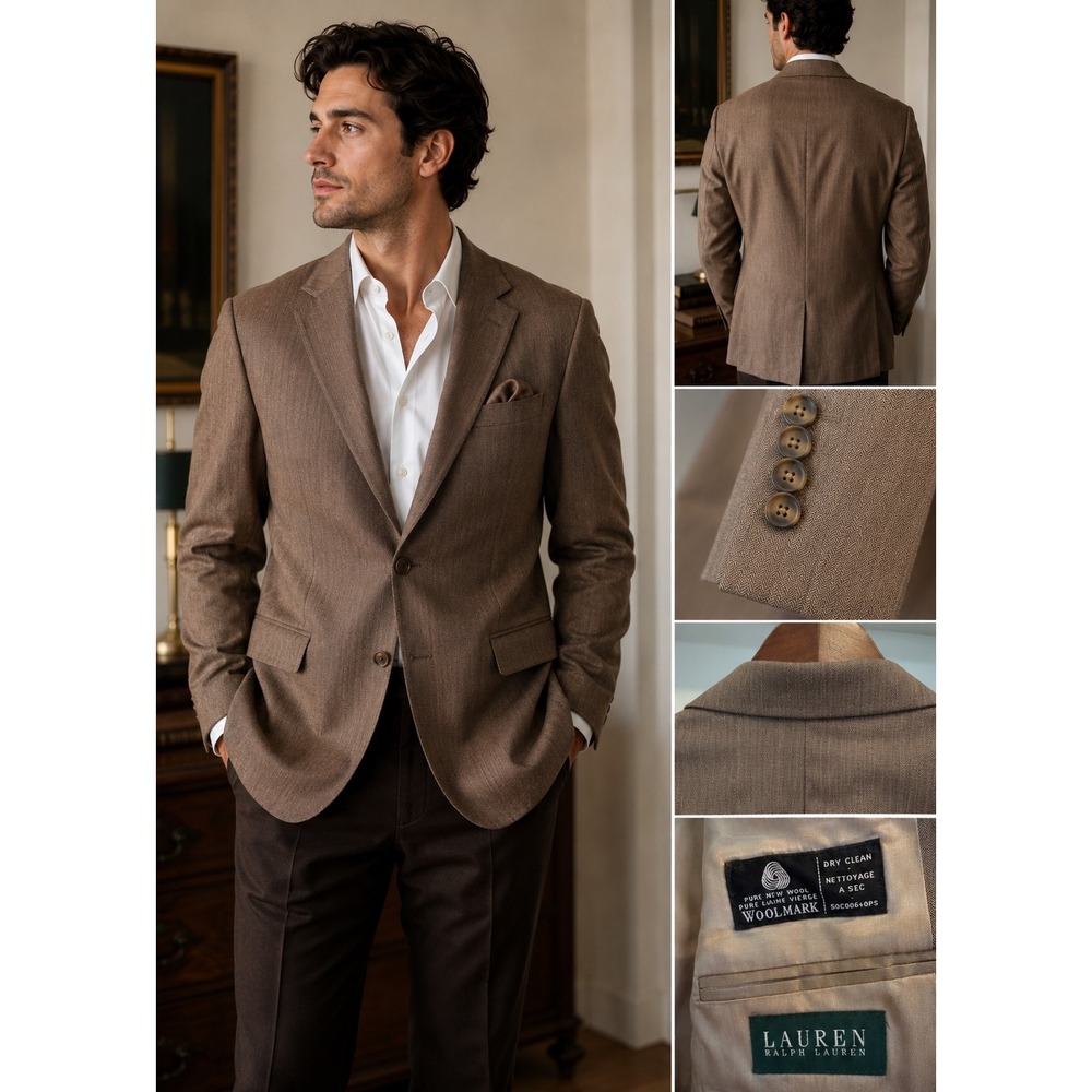 Lauren Ralph Lauren Blazer Mens 42R Brown Herringbone Wool Made in Canada Jacket